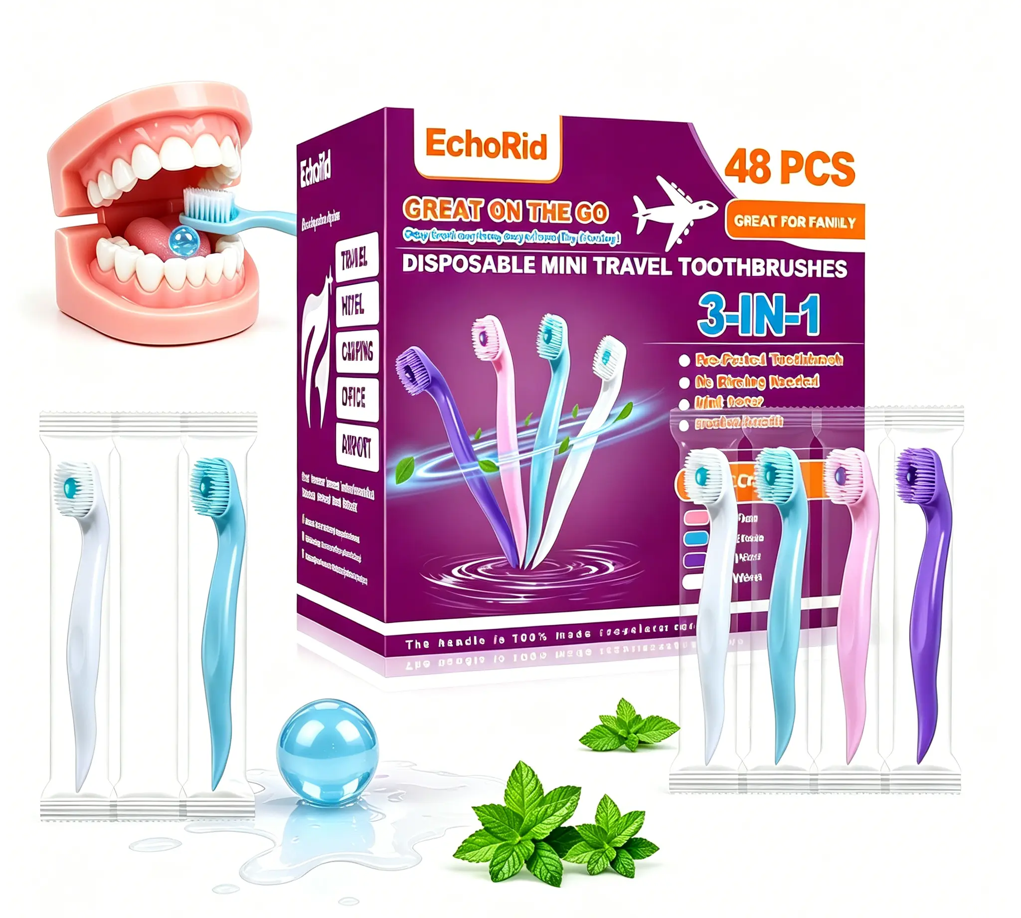 48-Count Disposable Mini Toothbrushes, Portable Dental Kit with Built-in Mint Toothpaste Bead & Pick, No Water Needed, Soft Bristles for Travel, Gym & Daily Use