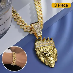 Domineering Crown Lion Head Three-dimensional Pendant Men's Cuban Necklace and Bracelet Hip-hop Trend Cuban Chain with A Variety of Styles Without Pressure A Versatile Jewelry Necklace Suitable for A Variety of Occasions