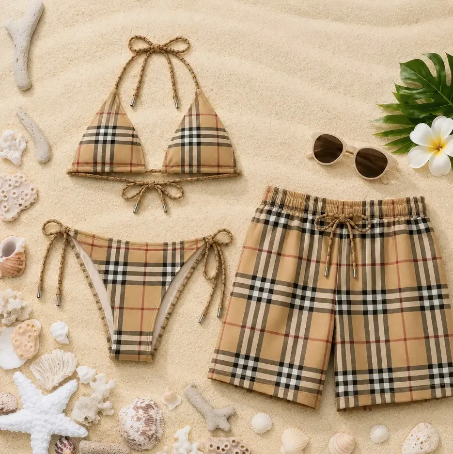 2026 Signature TB Matching Couple Swimwear Set - Women’s Viral Bikini, Men’s Beach Shorts, Ideal for Vacation