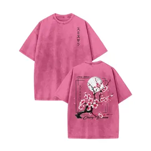 Men’s 100% Washed Round Neck Short Sleeve Streetwear T-Shirt | Loose Knit Fabric with Sakura & Japanese Lettering Print | Pink Washed Unisex Graphic Tee | Casual Weekend Top