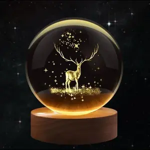 3D Elk Crystal Ball Night Light, LED Hologram Glass Lamp, USB Powered Crystal Ball Lamp with Wood Base, Adjustable Brightness Table Lamp, Deer Night Light for Bedroom Desk Home Decor Gift, 2.4 Inch 60mm Crystal Orb Lamp