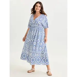 BLOOMCHIC Plus Size Geometric Print Deep V-Neckline Maxi Dress [M-6X]2026 Summer Vibes Swimweek, Women, Polyester