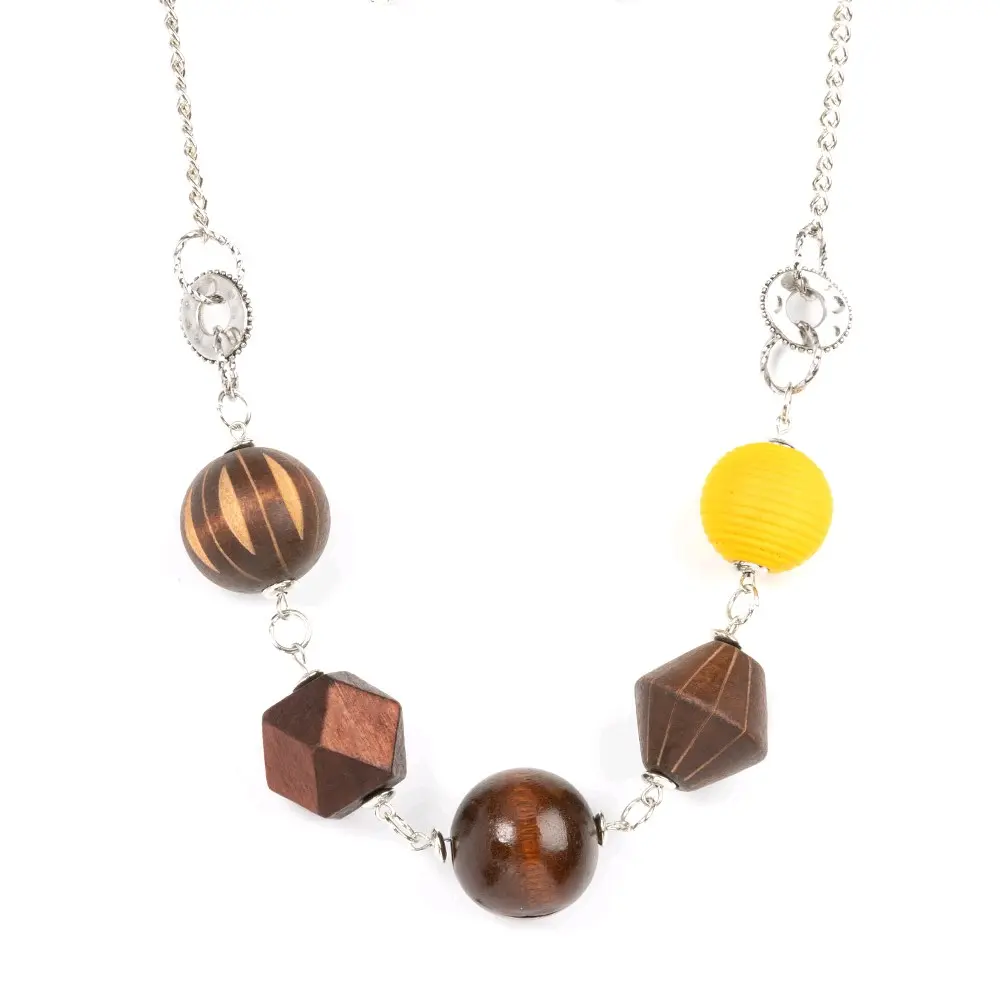 Eco Extravaganza Necklace Set - Adjustable Clasp Closure with Mismatched Beads, Textured Silver Rings & Matching Earrings