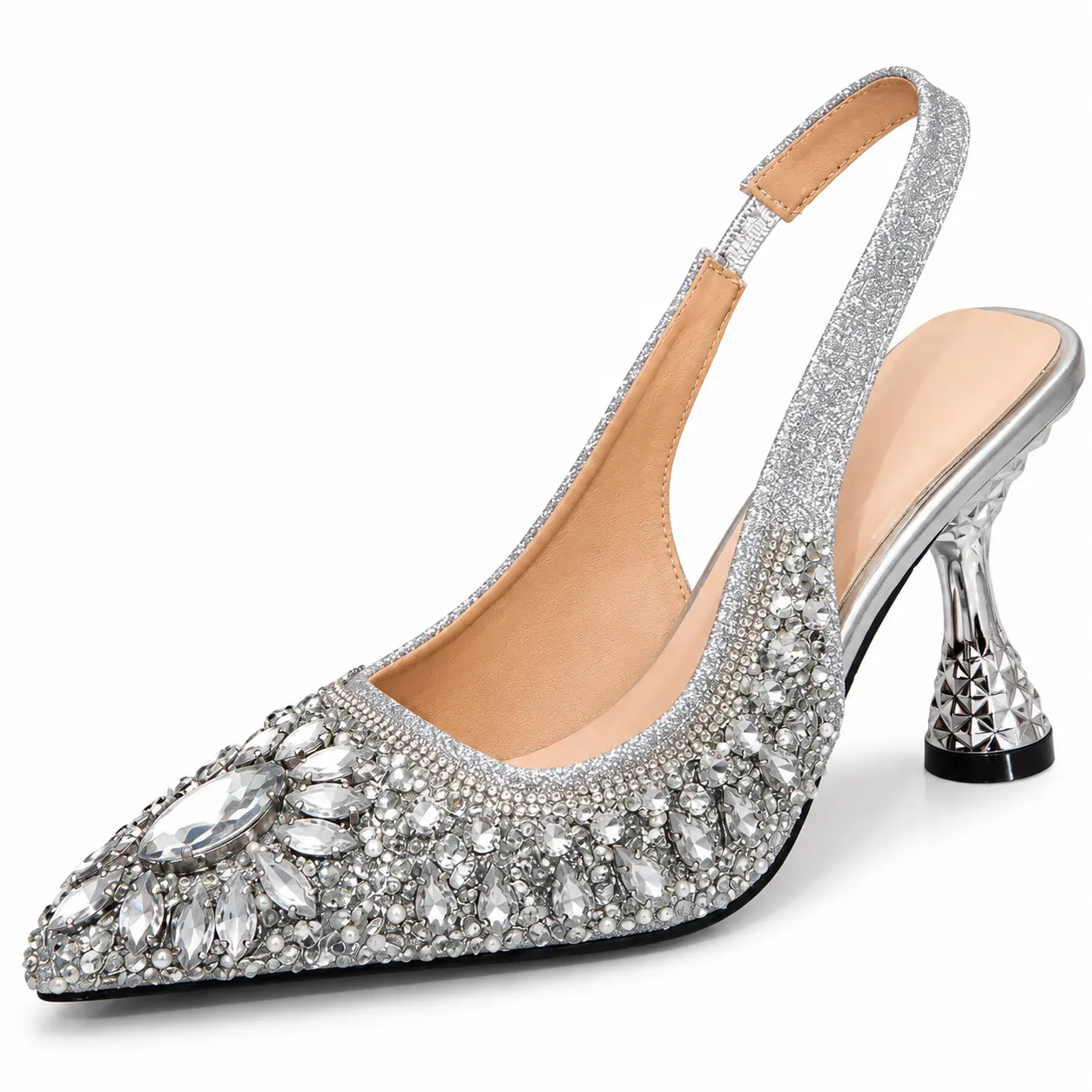 Women's Rhinestone Slingback Heels, 3.15in Hourglass Heel Pointed Toe Crystal Pumps, Sparkly Bridal Wedding Guest Prom Party Dress Shoes