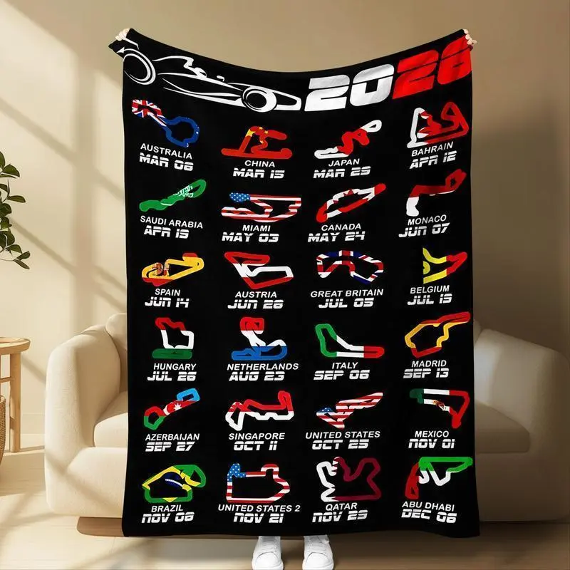 F1 2026 Race Calendar Blanket Grand Prix Circuits Map Throw Colorful Formula Racing Fan Blanket for Sofa Bed Office High-Quality Durable Fabric