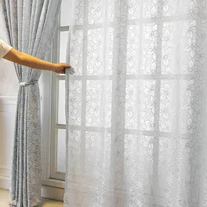 Elegant Floral Sheer Window Curtain, Half-Transparent Lace Netting Drape, Finished Soft Light Filtering Curtains for Bedroom Living Room, Home Decoration Curtain