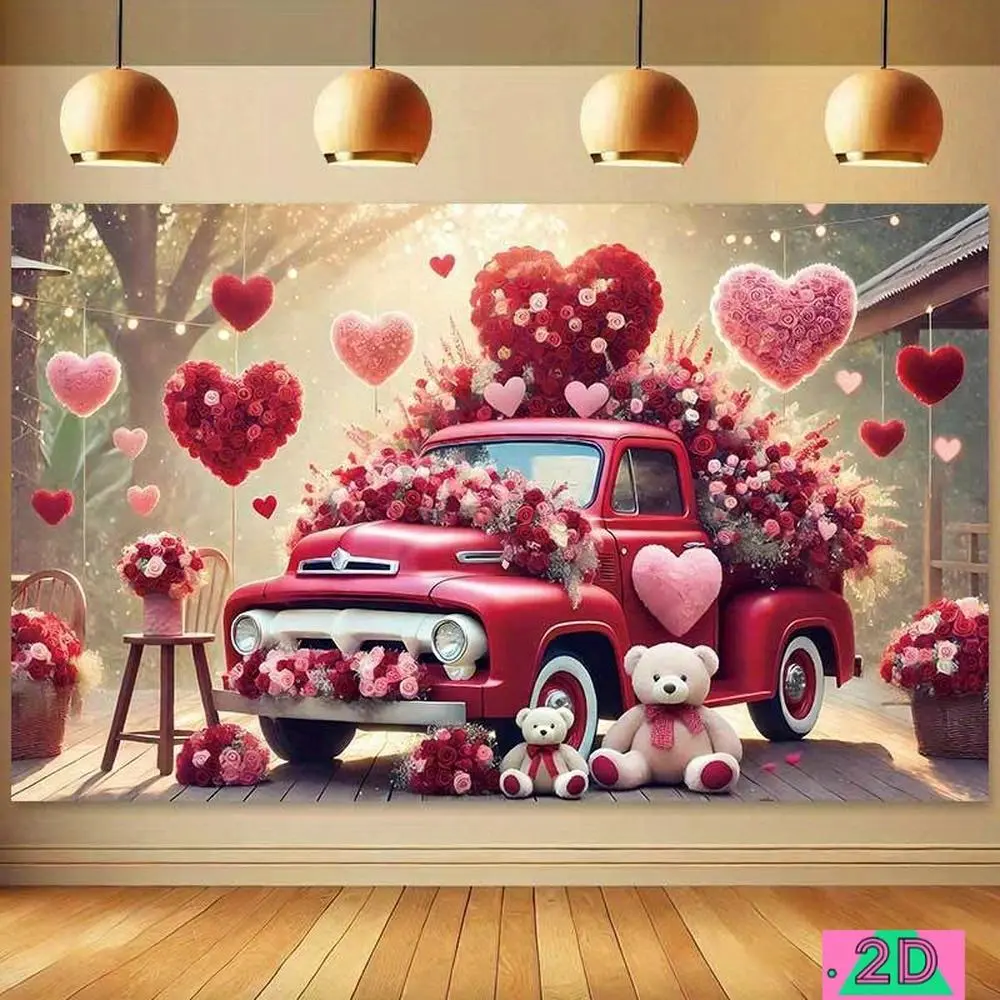 1PC,2D Flat Valentine's Day Romantic Love Heart Rose Truck Tapestry, Proposal Confession Scene Decoration Tapestry, Warm Bedroom Living Room Decorative Cloth, Couple Room Renovation Wall Hanging, Birthday, One-Piece