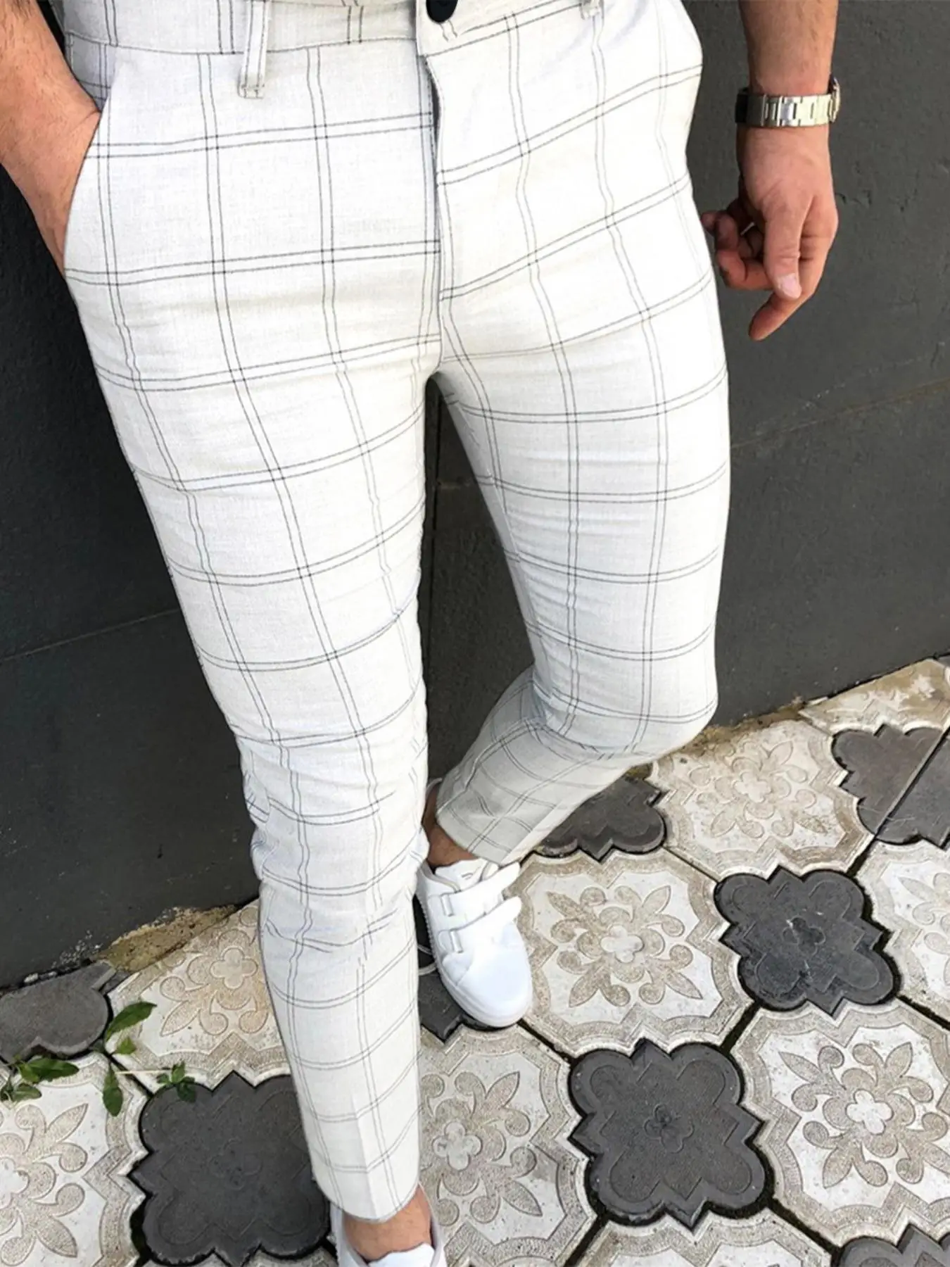 Men's Plaid Print Zipper Fly Pencil Pants, Casual Slim Elastic Waist Trousers, Streetwear, Men's Bottoms for Daily Wear