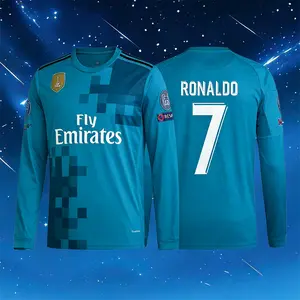17 18 Away Fan Edition CR.7 Retro Blue Long Sleeve Soccer Jersey