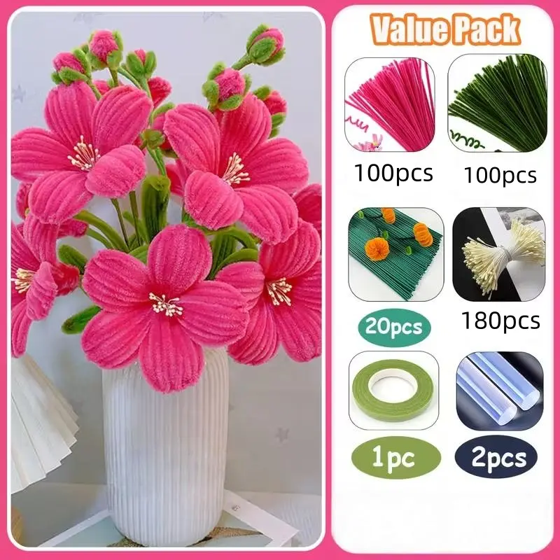 303 Piece Light Flower Bouquet Kit, Includes 200 Pipe Cleaners, 180 Petals, 20 Stems, Tape, DIY Craft Set, Christmas Halloween Gift