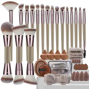 Makeup Brushes, 40Pcs Professional Makeup Brush Set Dual Ended Foundation Blush Concealer Contour Powder Eyeshadow Make up Tools with Sponges Puffs Clear Bag for Blending Buffing Highlighting