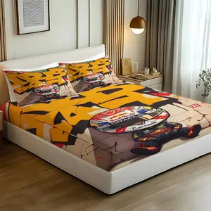 3 Pcs Red Bull F1 Theme Fitted Sheet Set, Racing Car Themed Bedding Set, Suitable for Children and Teenagers, Multiple Sizes Available, F1 Racing Helmet Pattern, Ideal Bedding Decor for Racing Fans