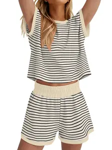 Women's Striped Colorblock Short Sleeve Shorts Set, Loose Casual Sportswear, Multi-Color Options, Comfortable and Stylish, Sweatsuit Matching Set