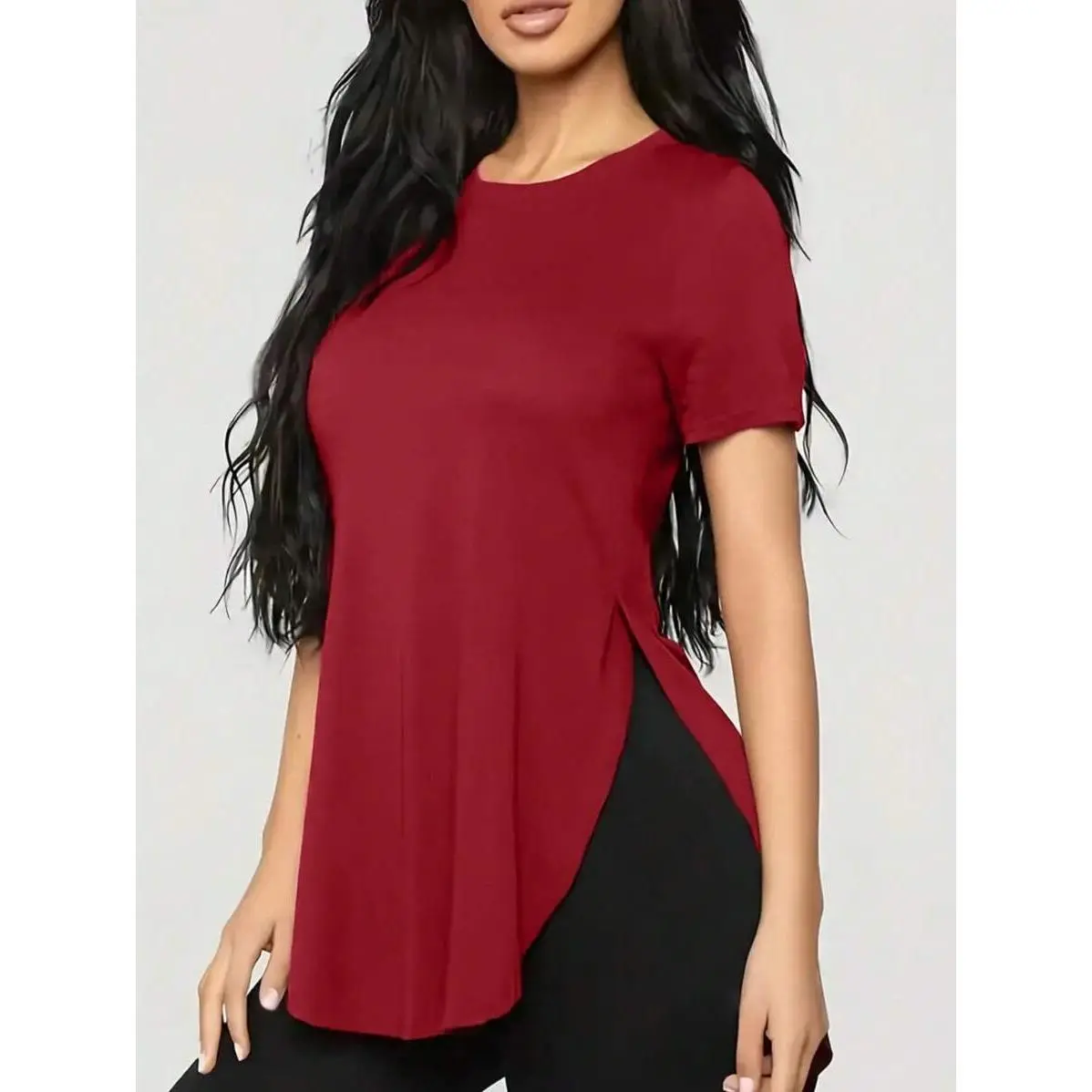 Short Sleeve Oversized T-Shirt, Side Slit Crew Neck Casual Top short legging fitness fashion suit straight pant woman day men birdie finger Fabric Womenswear Wrap Tshirt Streetwear Shortsleeve Basic Burgundy
