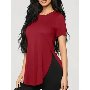 Short Sleeve Oversized T-Shirt, Side Slit Crew Neck Casual Top short legging fitness fashion suit straight pant woman day men birdie finger Fabric Womenswear Wrap Tshirt Streetwear Shortsleeve Basic Burgundy