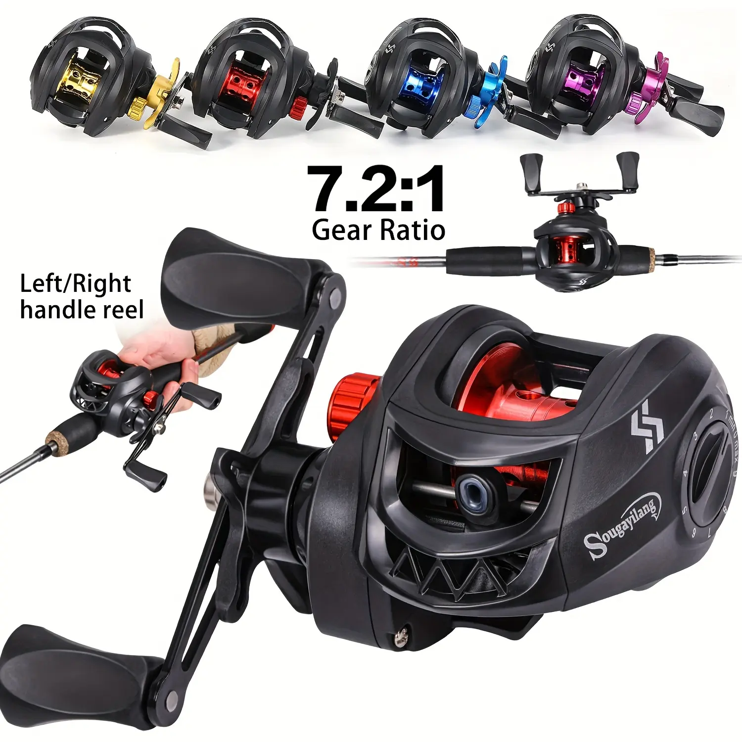 Sougayilang Baitcasting Reel, 7.2:1 High Gear Ratio, Max Drag 8kg, 4 Colors, Left/Right Handle Options, Magnetic Brake, Ideal for Trout, Pike, Bass - Durable Casting Fishing Gear