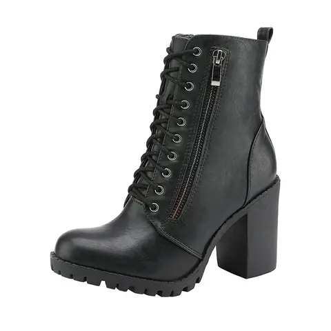 Dream Pairs Women's Combat Ankle Boots - Faux Leather Upper, TPR Sole, Round Toe, Block Comfortable Heels, Side Zipper, Pocket Design, Mid-Calf Fit, All Seasons, Daily Elegance, Wipe Clean Walking Shoes