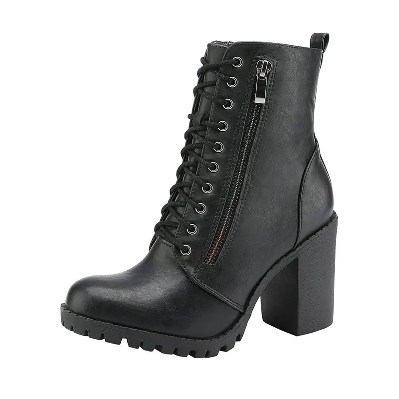 DREAM PAIRS Women's PU Lace-Up Chunky Heel Round Toe Ankle Booties - All-Seasons Comfortable Walking Shoe with Pocket Design, Smart Build, Side Zip, Mid-Calf Footwear