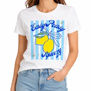 “Fresh Lemon Graphic Tee for Men & Women, ‘Easy Peasy Squeezy’ Fun Typography T-shirt, Casual Loose Fit Summer Top, Colorful Blue Stripe Background, Playful Streetwear Outfit”