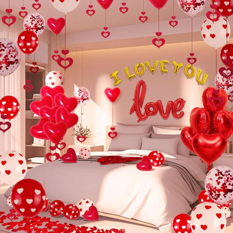 Valentine’s Day Balloons Set with Silk Rose Petals – I Love You Heart Balloons, Romantic Party Decor & Valentine Decorations Supplies