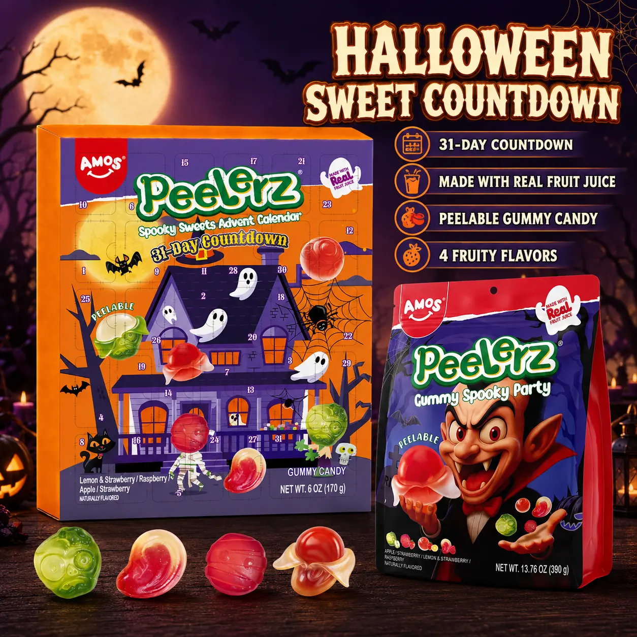 AMOS Peelerz Halloween Gummy Candy Gift Set, 31-Day Advent Calendar & Spooky Party Bag, Peelable Candy, 4 Fruity Flavors, 19.76 oz (560g)