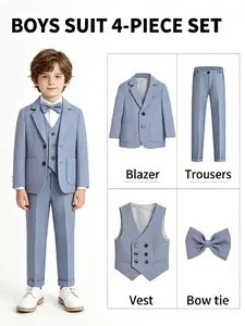 Boy's Blazer Suit 4 Piece Set, Elegant Formal Plaid Blazer for Kids, Perfect for Piano Performances, Weddings, Birthdays, No Shirt Included