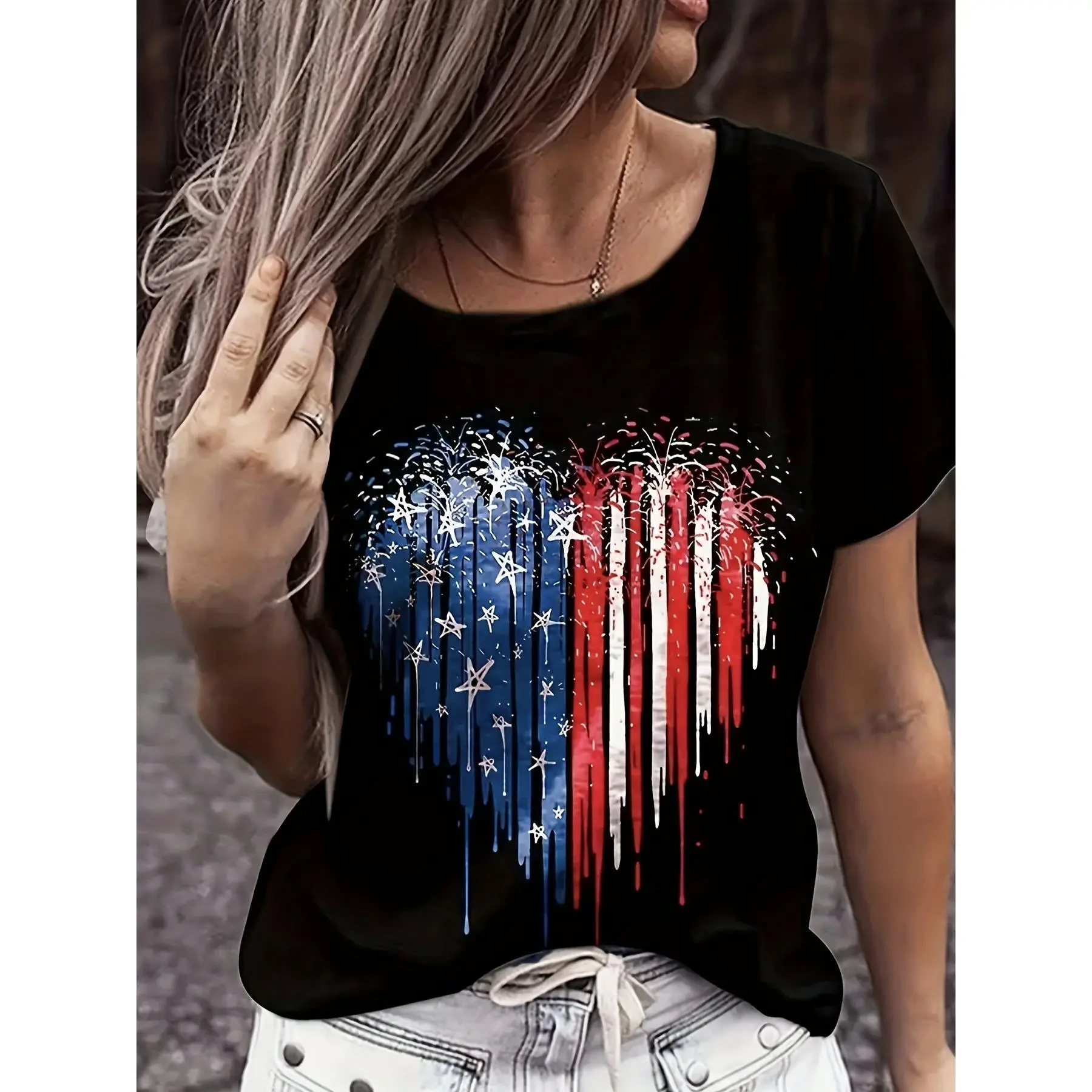 [Vibrant Flag Print Soft Tee] Vibrant American Flag Print V-Neck T-Shirt - 100% cotton, Perfect For Summer - Womens Casual Short Sleeve Tee