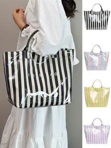 Summer Fresh Transparent Striped Tote Bag PVC Waterproof Material Perfect for Beach Vacation Versatile Womens Handbag Fashionable Bags