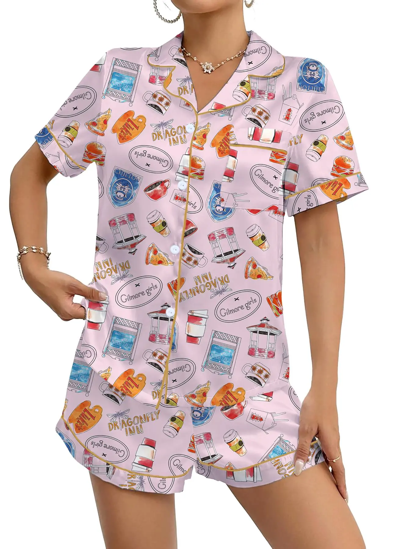 Women's Stars Hollow Gilmore Girls Comfortable Casual Print Sleepwear Set, Loungewear Pajamas Set, Two-Piece Short Sleeve Top & Elastic Pants, All Seasons Fitted Nightgown Gift, Pajama, Loungewear, Pjs