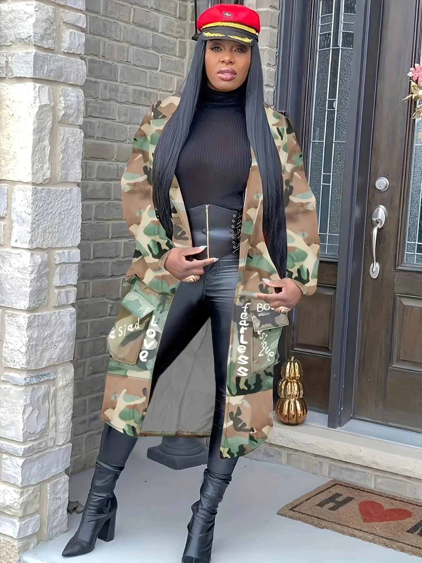 Women's Camo & Letter Print Lapel Trench Coat, Casual Fashion Long Sleeve Open Front Coat for Daily Outdoor Wear, Ladies Clothes for All Seasons, Outerwear Wide Leg Pants Comfortable Fit Boho Style Women Gift Stretchy