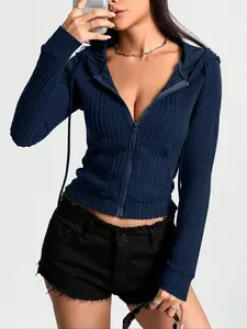 Women's Plain Textured Drawstring Zip Up Long Sleeve Hoodie Tops, Casual Raglan Sleeve Fit Skinny Hooded Sweatshirt for Fall & Winter, Womenswear Clothing for Everyday Wear