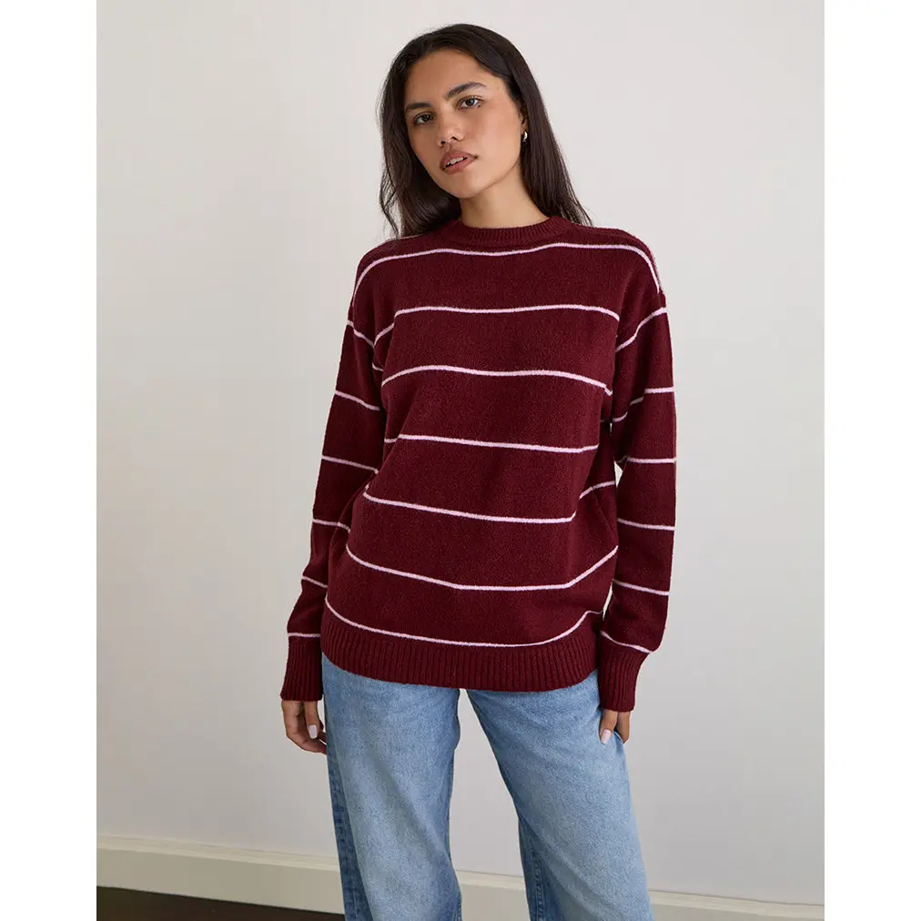 Ishari Knitted Jumper in Burgundy with Pink Stripe