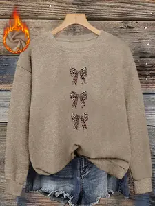 Women's Fall Winter Fitted Sweater, Soft Plush Leopard Bow Print, Casual Round Neck Top, Sweet Cool Texture, Comfortable Knitwear