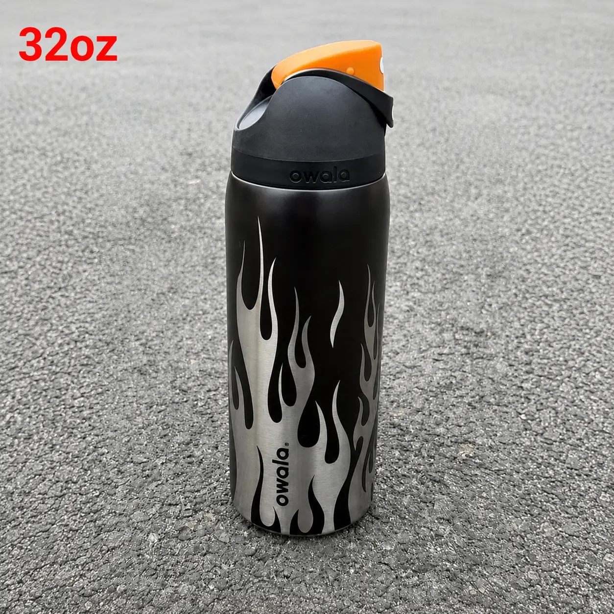 Owala FreeSip 32oz Insulated Stainless Steel Water Bottle with Straw, Black & Silver Flame Print Y2K Streetwear Tumbler