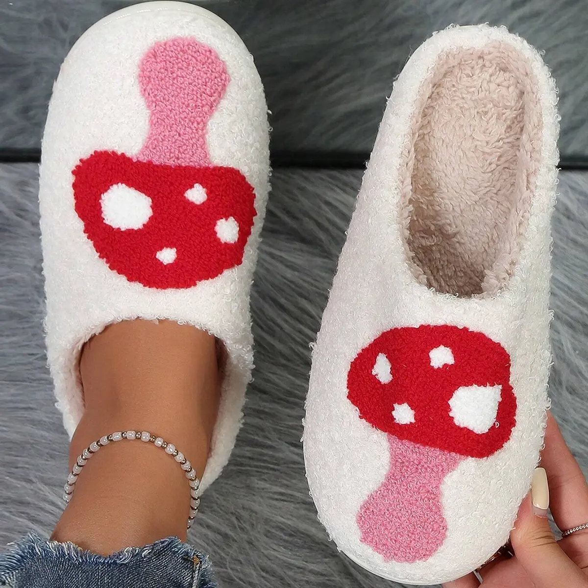 Women's Mushroom Print Slide Slippers, Cozy Soft Plush Slip On House Shoes with Memory Foam for Indoor Outdoor Wear with EVA Sole, Shoe, Casual, Cartoon, Cute, Mushroom Print Design, Footwear, Flipflop
