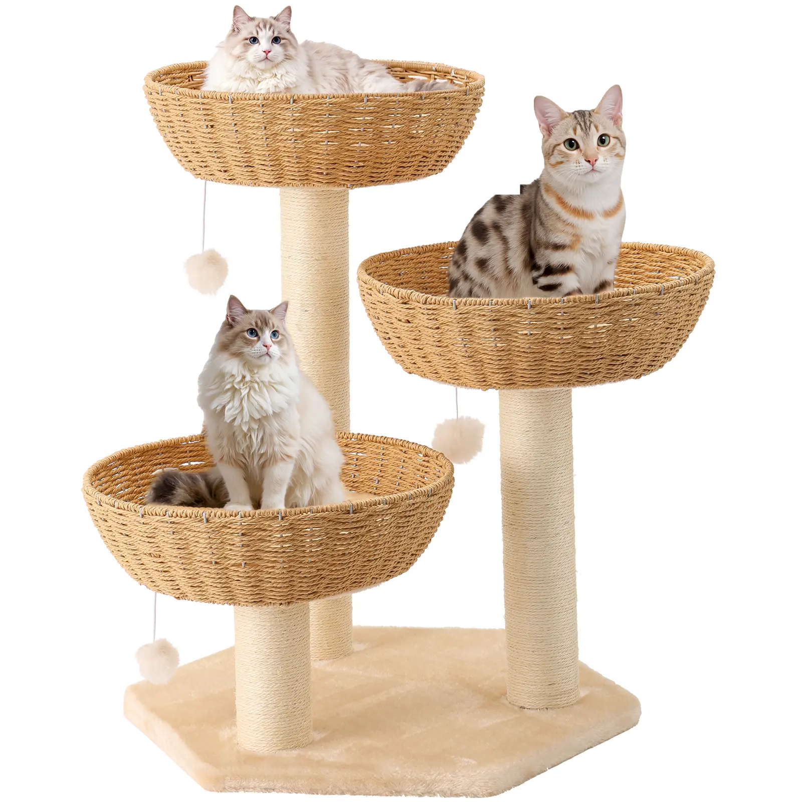 Modern Woven Rattan Cat Tree Condo with Multi-Level Perches, Classic Traditional Contemporary Plaid Design, Scratch Post for Indoor Cats