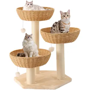 Modern Woven Rattan Cat Tree Condo with Multi - Level Perches and Scratching Posts for Indoor Cats