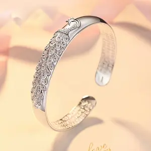 Elegant 999 Silvery Peacock Flower Open Cuff Bracelet For Women Ethnic Style Daily Gift Occasion All-Season Perfect For Mother'S Day