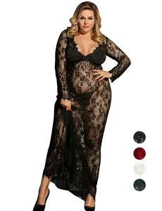 Women Lingerie Lace Sleepwear Women Nightgown Plus Size Long Lingerie Set for Womens Lace V Neck Mesh Nightdress Babydoll Sleepwear Maxi Dress with Thong Halloween Lingerie