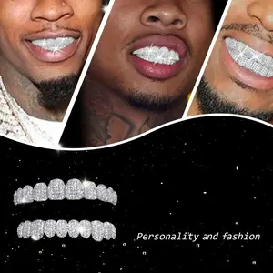 Unisex Hip Hop Zirconia Teeth Diamond Grillz,Designed to sit over your teeth, not custom-molded, Cubic Zirconia Grillz for Men & Women, 10 Teeth Top and Bottom Punk Dental Jewelry Gift