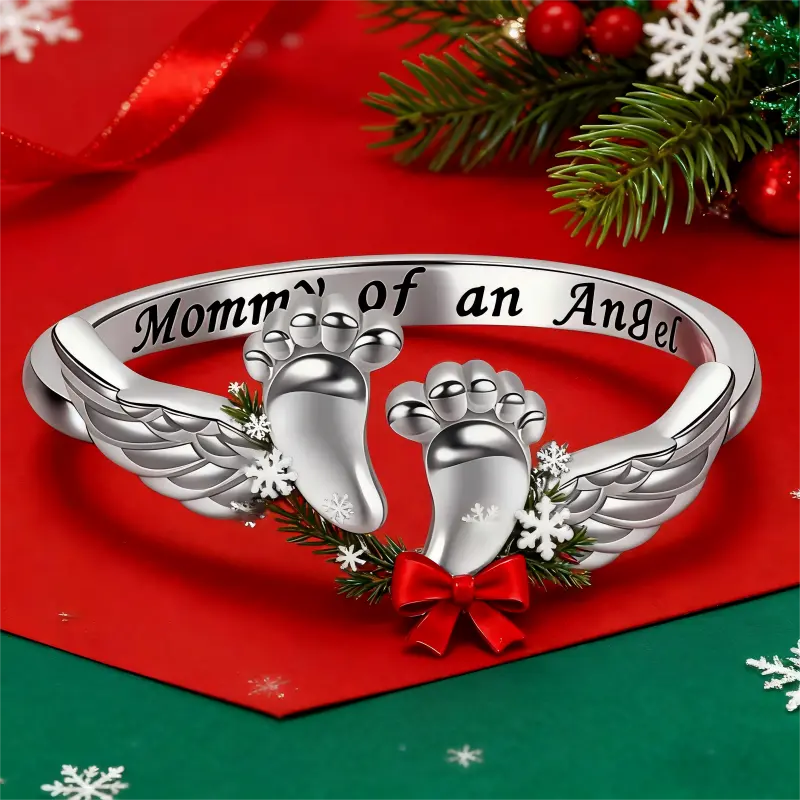 Christmas Gift for Mom| Angel Engraved Ring with Baby Footprint| Sweet & Elegant Women's Jewelry