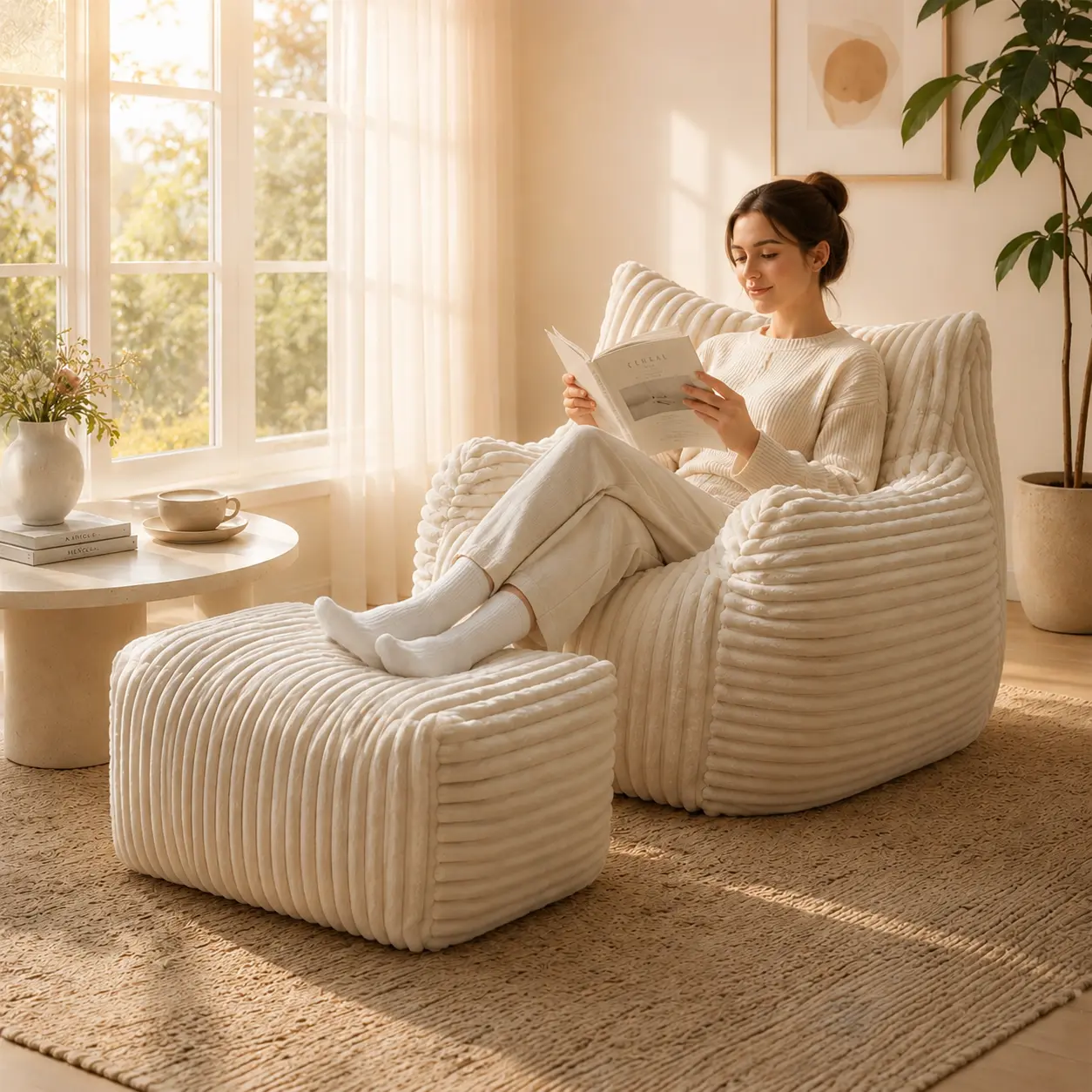 Extra Large Bean Bag Chair, Oversized Adult Bean Bag Sofa, Fluffy Corduroy Bean Bag with Armrests and Seat Cushion, Suitable for Living Rooms and Bedrooms; Vacuum-compressed packaging, ideal as a gift