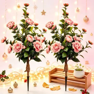 DLDA 2PCS Premium Real Touch Artificial Camellia Ground Stake Flowers - UV-Resistant Waterproof Decorative Artificial Outdoor Flowers, Rustic Cottage Core Tree Ornament for Outdoor Spaces, Wedding Decor
