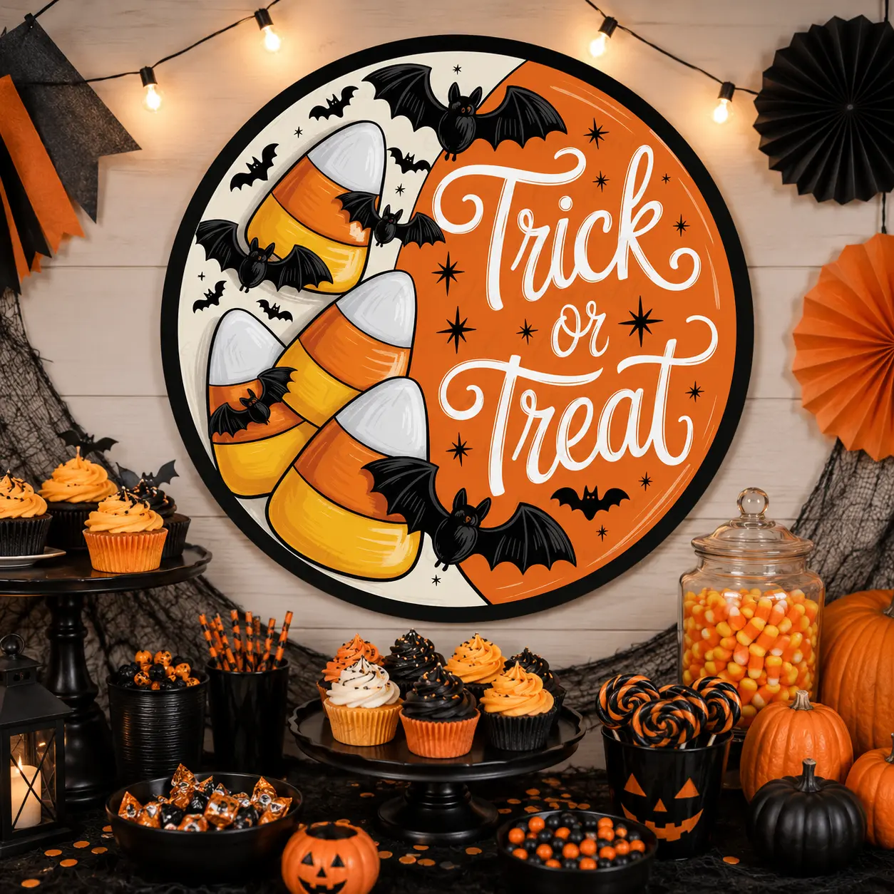 Trick or Treat Bats & Candy Corn, Lightweight Round Metal Wreath Sign, No Holes in Sign, Halloween Door Decor, Vintage Halloween Decor, Fall Decor 2026