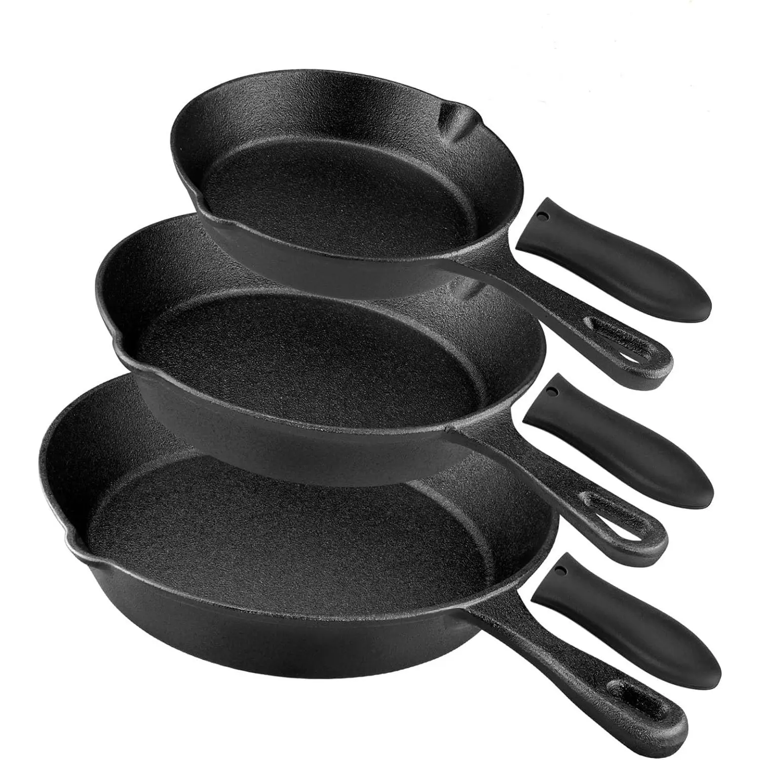 Pre-Seasoned Cast Iron Skillet Set - 3 count Frying Pan With Heat-Resistant Handles (6, 8, 10 Inch) for Frying, Saute, Pizza, Oven Safe (Black)