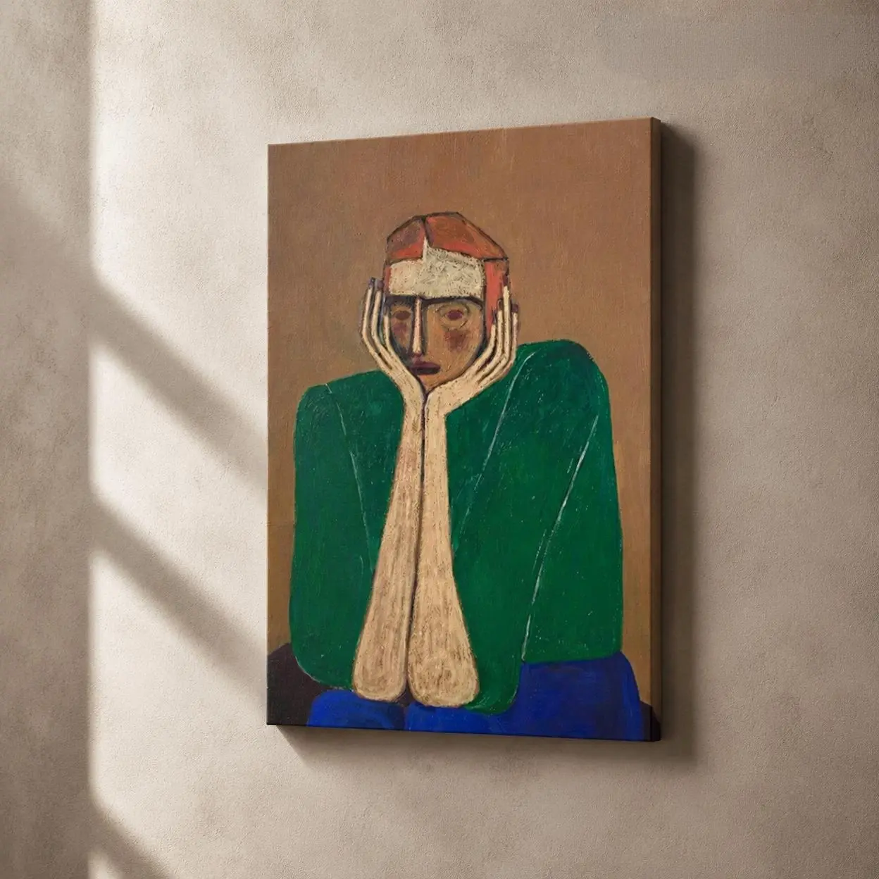Ready-to-Hang Single Unit Abstract Art Framed Canvas Wall Print - Expressionist Portrait, Minimalist Mid-Century Modern Cubist Figure Oil Painting, Emerald Earthy Green-Brown Home Wall Decor for Living Space (Valentines Day Decor Inspo), Sofa