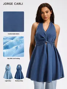 JORGE CARLI  Women's Deep V Neck Sleeveless Halter Top Denim Skirt, Versatile Wearable Design, Multiple Styling Options