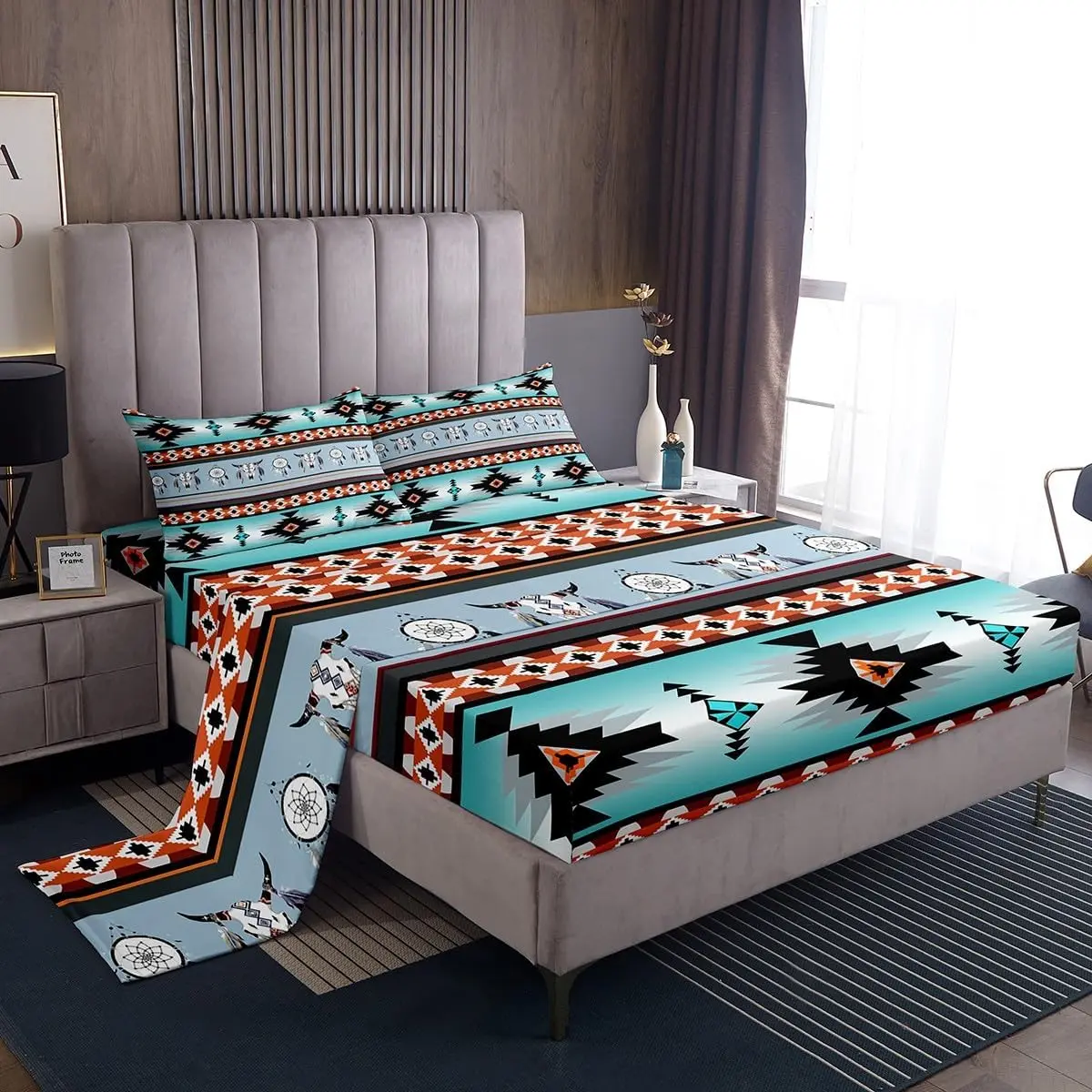 Feelyou Boho Fitted Bedsheet Sets - Multi-Size Microfiber Decorative Bedding with Aztec Pattern, Western Cow Dream Catcher, Southwestern Arrow, Retro Longhorn Skull Green Design, Breathable (Set Includes Sheets)
