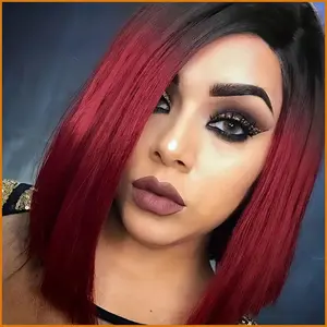 WigFinds Co. Women's European & American Style Middle Part Bob Wig  Black to Wine Red Gradient, Short Straight Hair, Full Cap, Synthetic Fiber