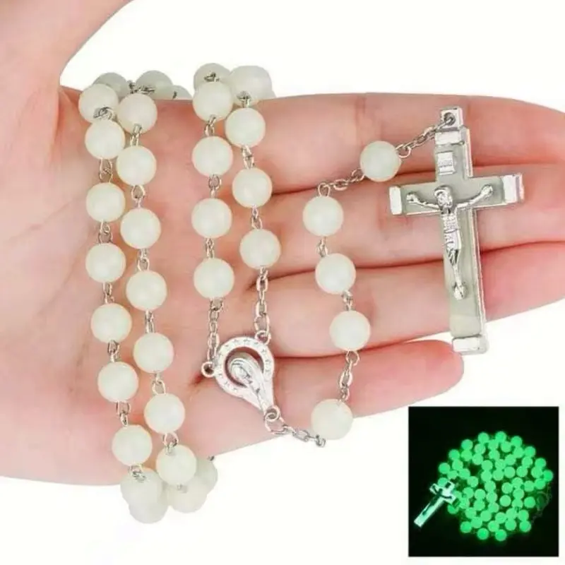 Rosary Plastic Beads 8mm Cross Necklace Luminous Heart Cross Bead Chain Glow in the Dark Prayer Jewelry